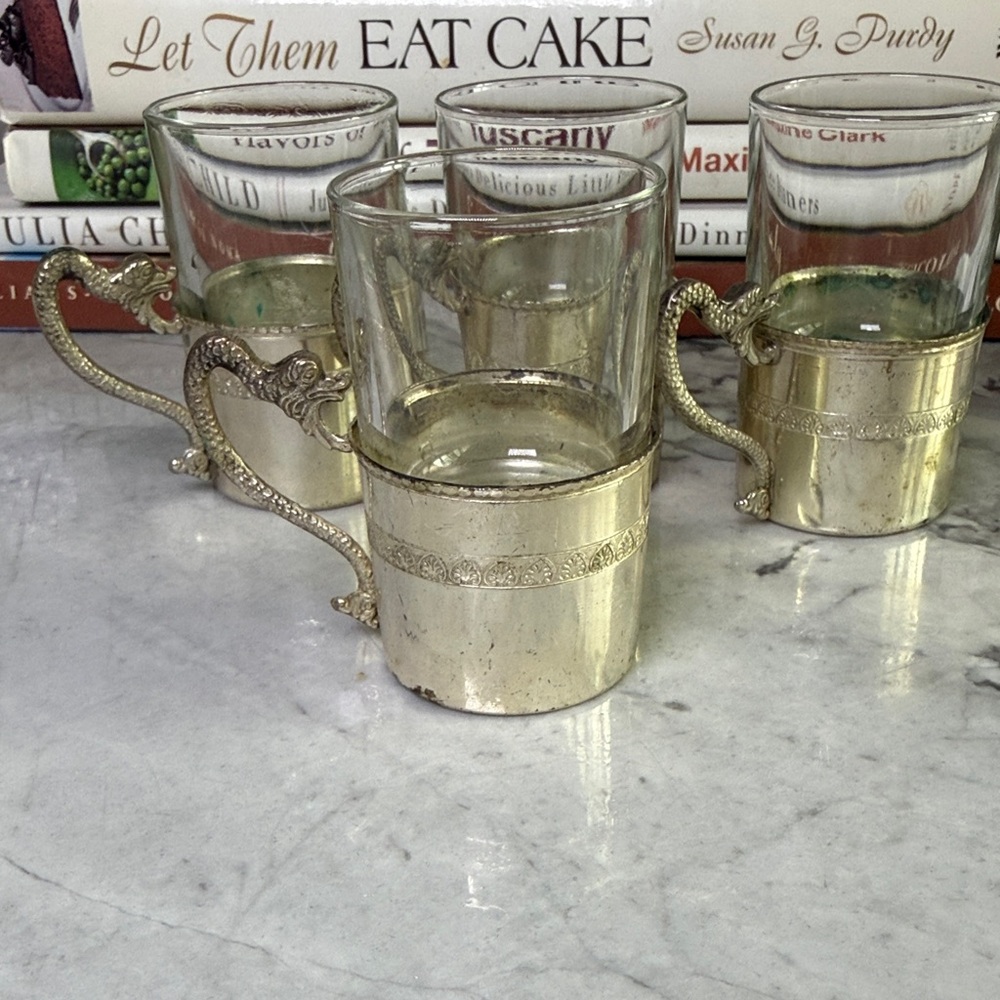 Ornate Italian Glass and Silver Plated Cordial Glasses with Dragon Handles